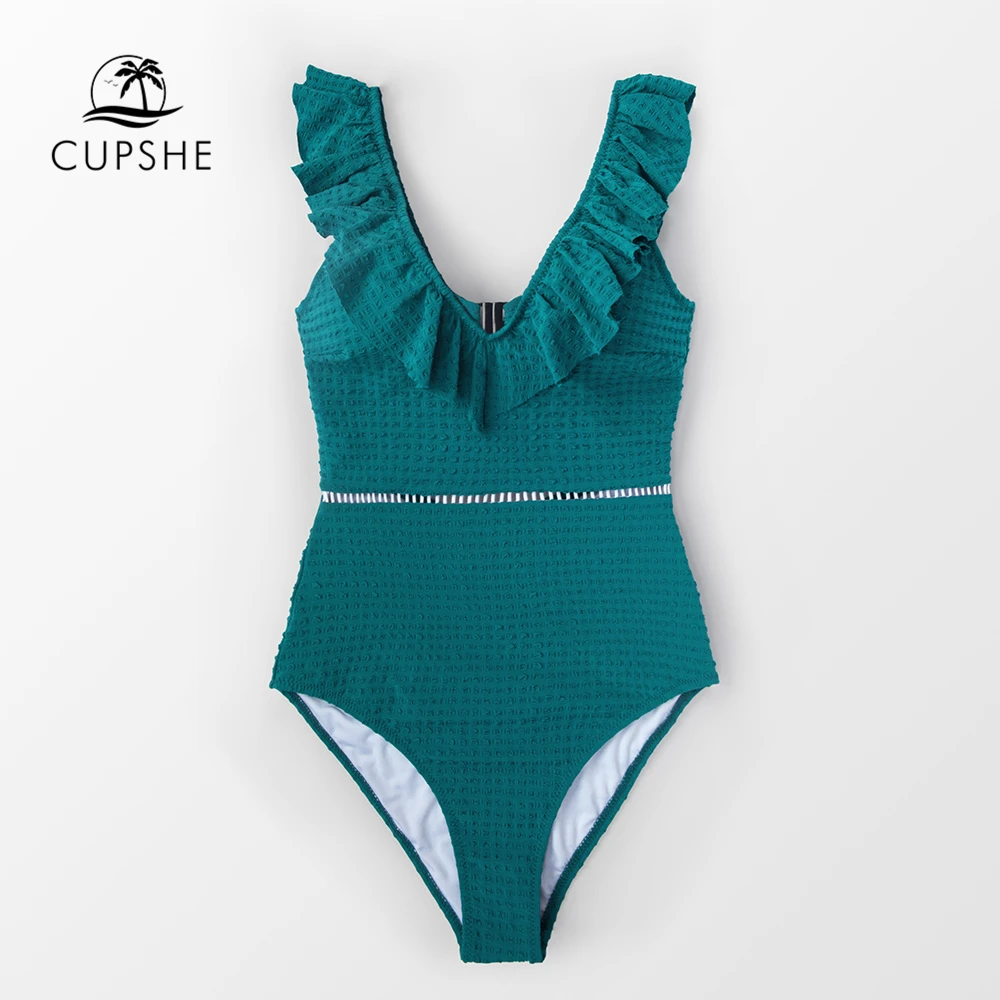 

CUPSHE Solid Teal Ruffled One-Piece Swimsuit Women Sexy Monokini Bathing Suits 2019 Girl Plain Beach Swimwear