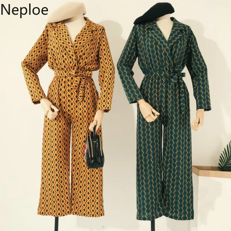 

Neploe Geometric Pattern Women Jumpsuits Summer 2019 V-Neck Long Sleeve Drawstring Playsuits Fashion High Waist Bodysuits 43974