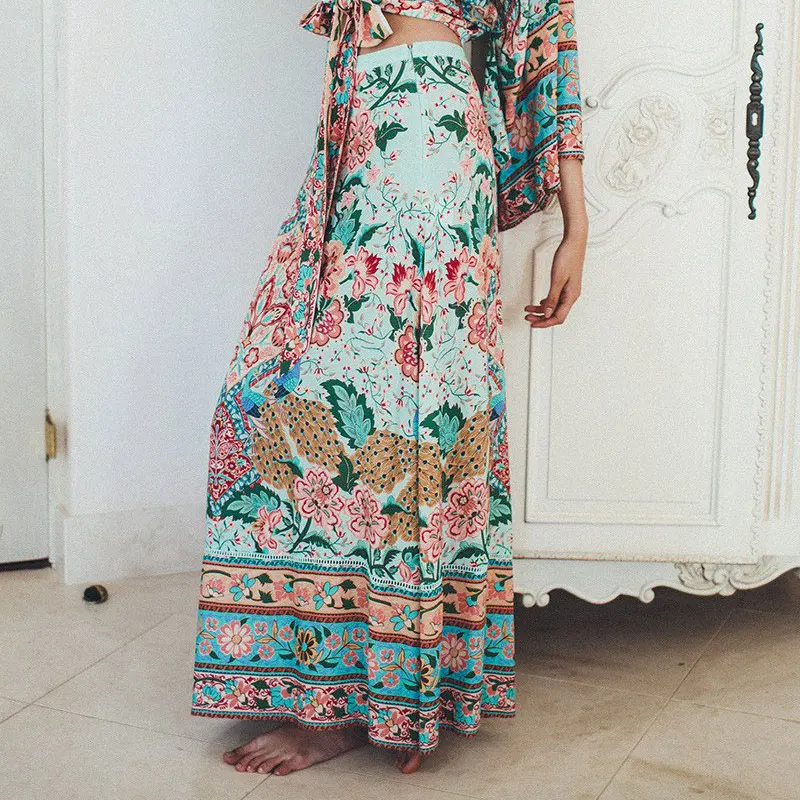 

Maxi Floral Printed Chic Retro Beach Women's Skirt 2019 Spring Summer Hippie Long Split High Waist Lotus Printing Holiday Skirts