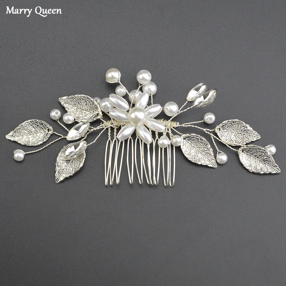 Fashion Luxury Wedding Headwear Silver Leaf Pearl Hair Comb Handmade Lady Head Accessories Bridal Decoration | Украшения и