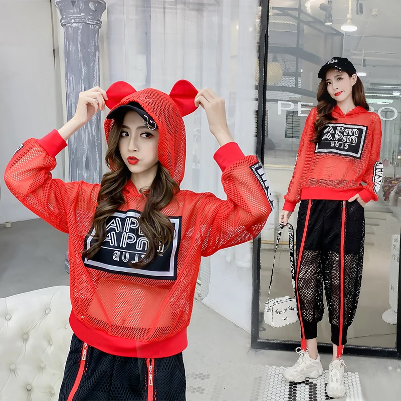 

2019 new sun protection clothing women's suits Harajuku letter long sleeve hoodie tops + zipper pants knitted mesh two piece set