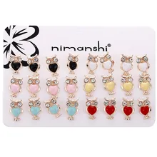 Модные 12 пар/лот смешанные цвета сплав масло капельные Симпатичные серьги-гвоздики девушки серьги сова Женские ювелирные изделия аксессуары Подарки ED06