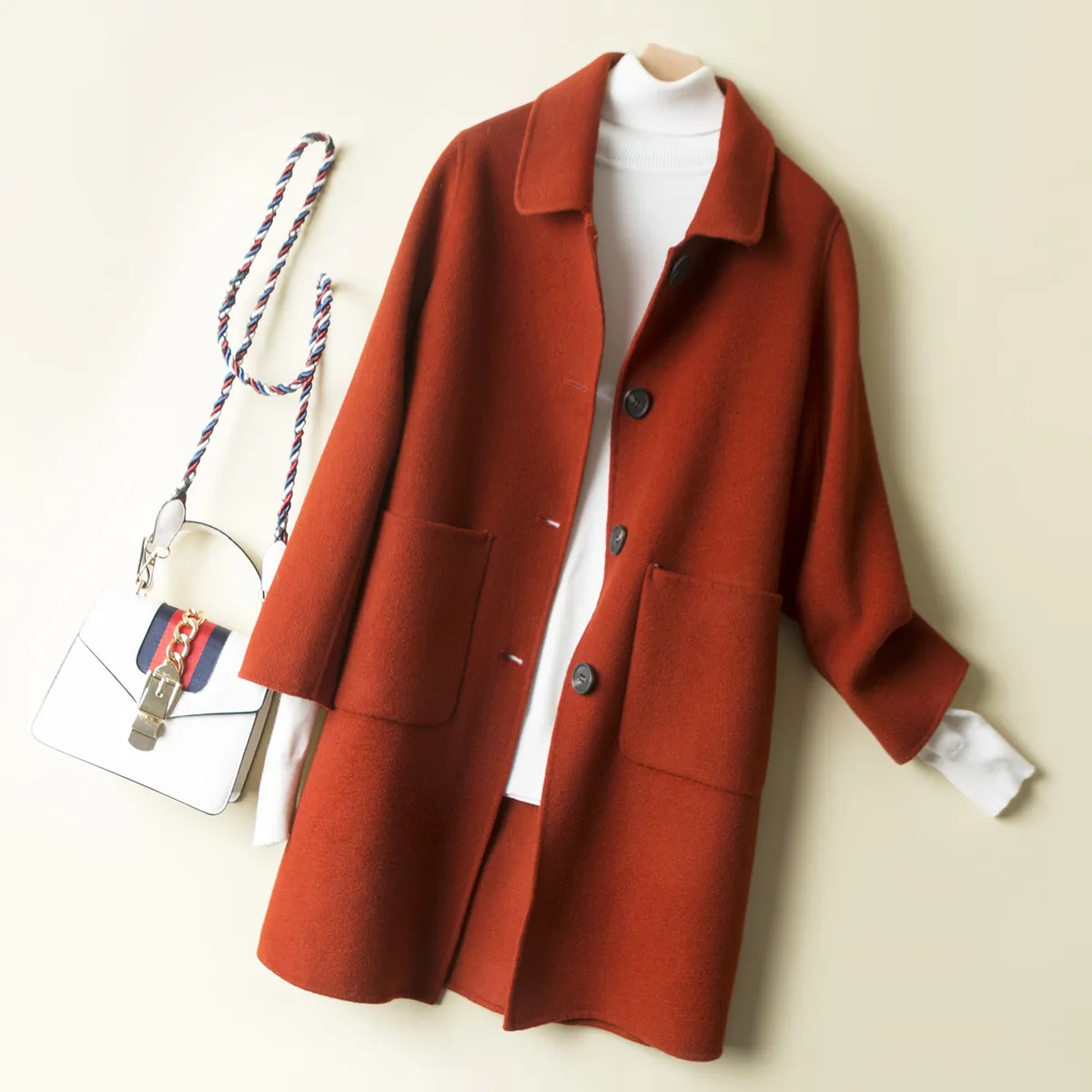 AYUNSUE новое шерстяное пальто для женщин Весна Осень двухстороннее длинное пальто черный желтый жакет корейские женские пальто 0714 KJ2394 - Цвет: Maple red
