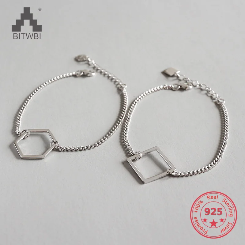 Simple 925 Sterling Silver Bracelets for Women Geometric Hexagon Square Bracelets Gift Jewelry