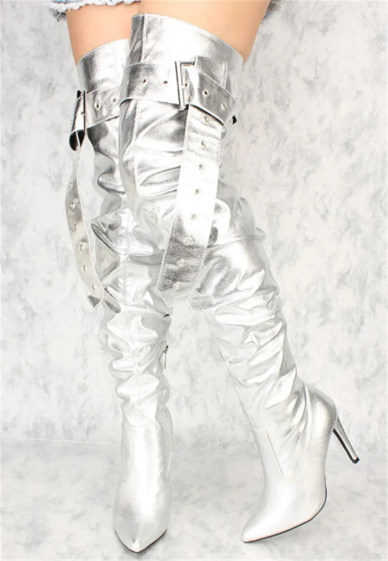 

Sliver Golden Mirror Leather Over The Knee Boots High Heels Shoes Women Buckle Cross Belted Thigh High Boots Botines Mujer 2018