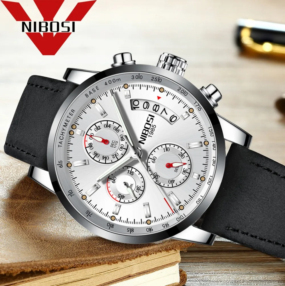 NIBOSI Sport Leather Watches Mens Top Luxury Brand Military Watch Reloj Hombre Waterproof Quartz Wr