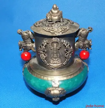 

China Vintage Silver Jade Leo Incense Burner Buddha Lid