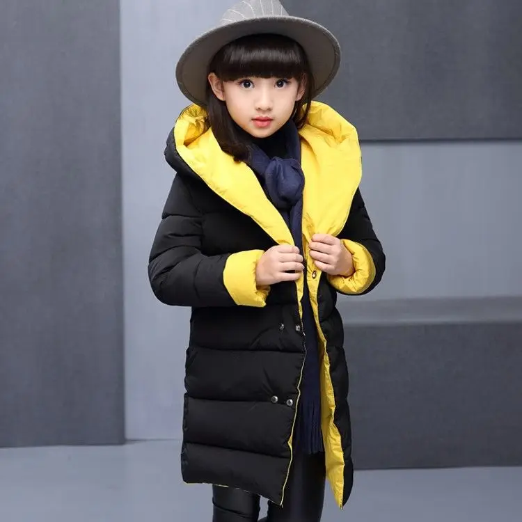 New Girls' cotton coats, long thick padded cotton suits, big boys and girls, wearing cotton jackets on both sides - Цвет: Цвет: желтый