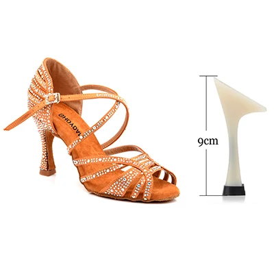 SHOYDANC/Танцевальная обувь для сальсы, женская обувь для латинских танцев со стразами, женская обувь на Кубинском каблуке 9 см, Обувь для бальных танцев - Цвет: Bronze 9cm