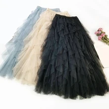 Летняя женская модная женская юбка с оборкой, с высокой посадкой, сетчатая юбка, Женская милая Повседневная плиссированная юбка, элегантная пляжная одежда