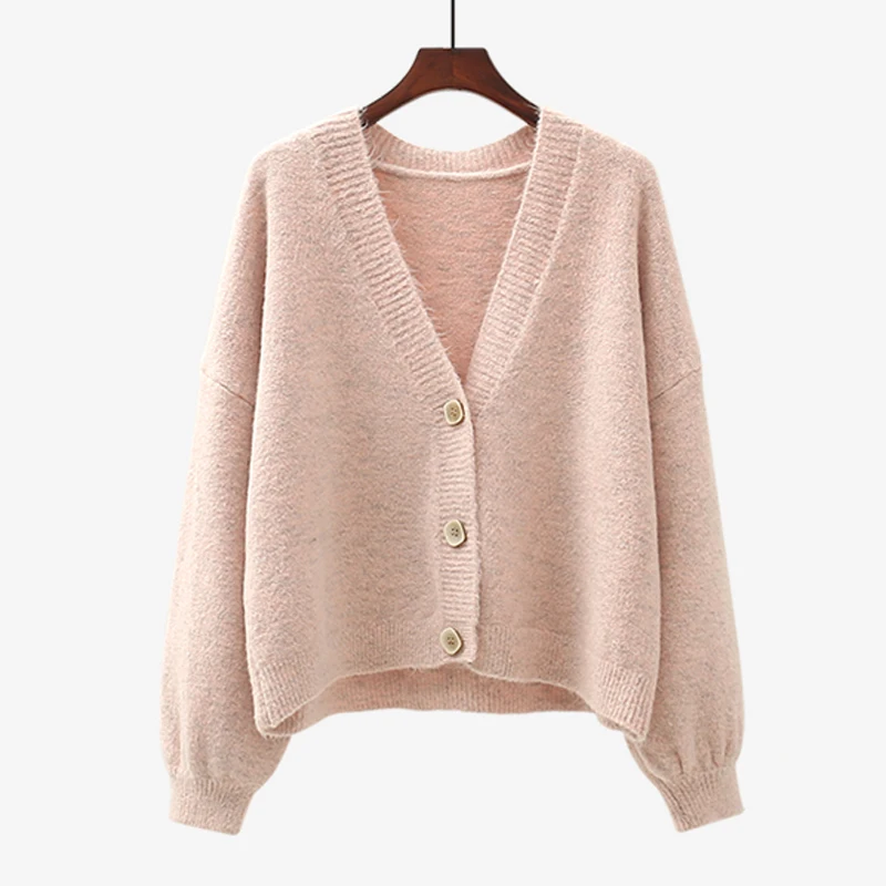 

womens Spring and autumn Short Knitted Sweaters 2019 new Solid Color V-Neck Long sleeve Cardigans Casual Loose Sweaters women