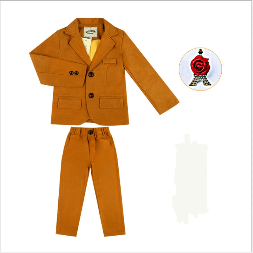 

2019 Boys Jacket+Pants+Brooch 3 pieces/set Blazer Suits Kids Cotton Long Sleeve Formal Suit Children Costume for Weddings Party