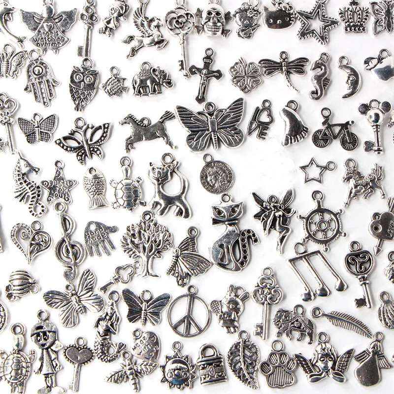 

50pcs/lot Mixed Antique Silver Color European Bracelets Charms Pendants Fit Handmade DIY Charms Fashion Jewelry Making Findings