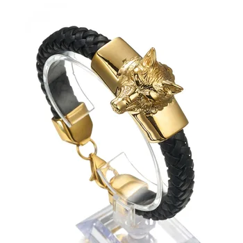 

Hip hop Black Braided Genuine Leather Stainless Steel Gold Wolf Head Biker Jewelry Men's Bracelet Bangle 8.26" Jewelry Gift15mm