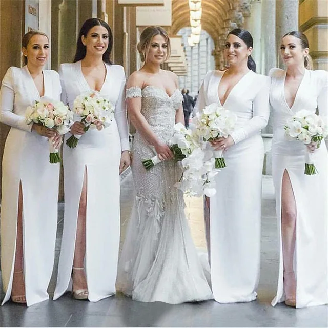 Новинка 2019 года белый платья подружек невесты без бретелек прямой пол длина спереди разделение Атлас Длинные свадебные платье для гостей