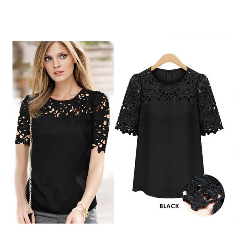 

AQ62 Women Lace Blouses Sexy Plus Size Hollow Crochet Chiffon Blusas Feminina Short Sleeve Shirt Top Blouse S-5XL