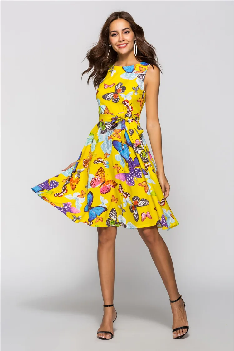 

Free Shipping Summer Dress O Neck Knee Length Casual Sexy Party Dresses Plus Size Butterfly Printed A-Line Dress 3 Colors Choose