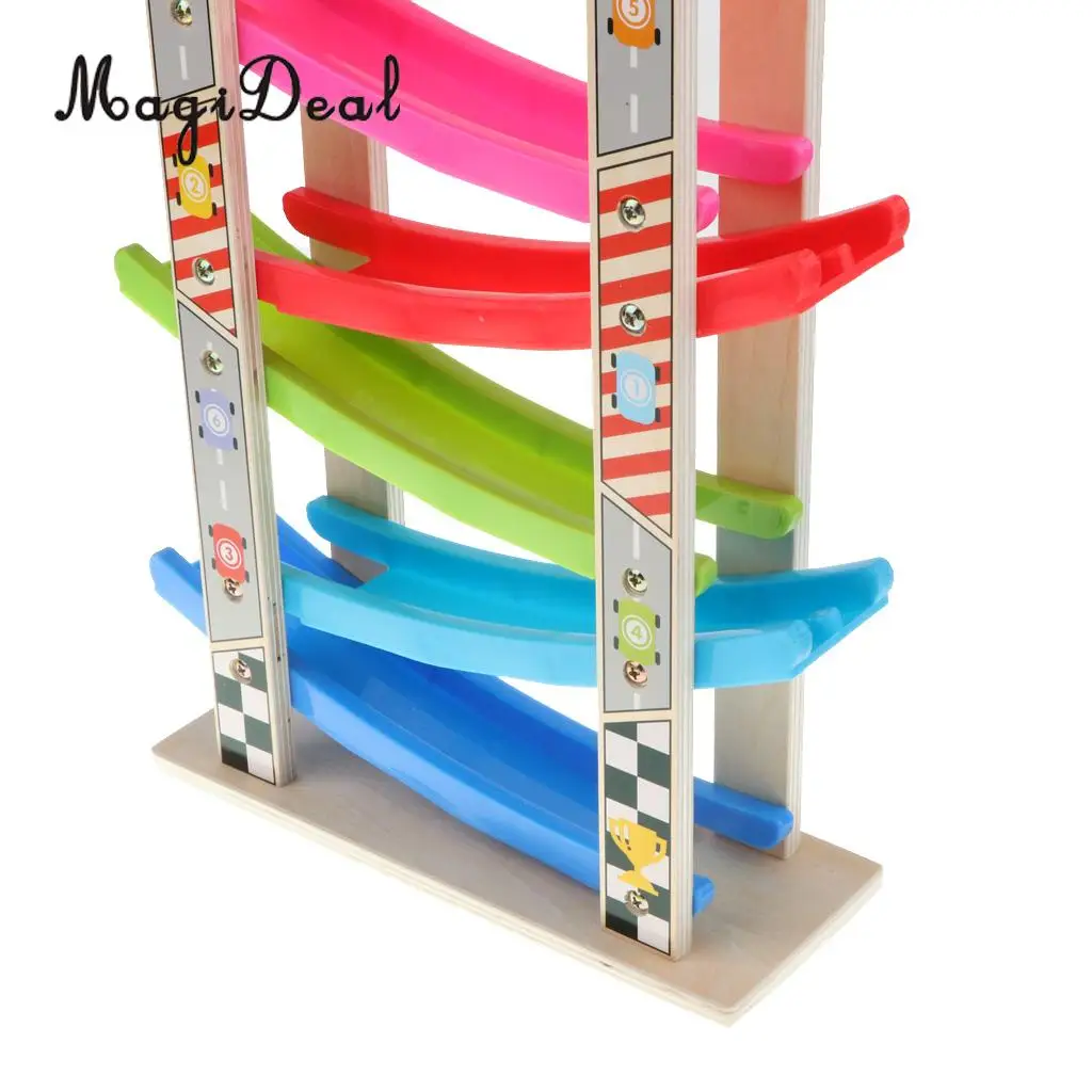 Colorful Wooden Ramp Race Track & 8 mini Inertia Car Playset - Toddlers Baby Toys Developmental Preschool Games