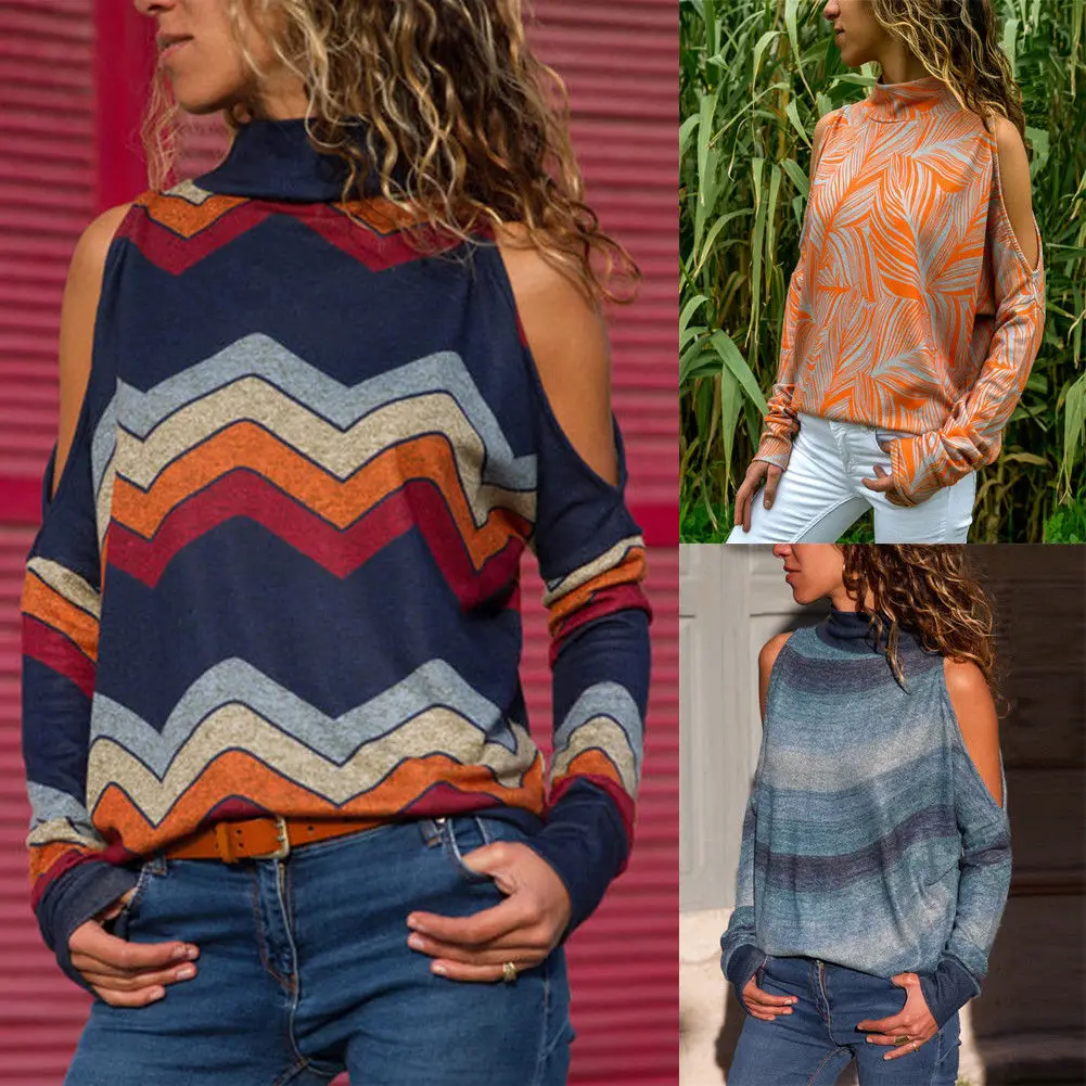 

Fashion Women Cold Shoulder Turtleneck Loose Geometric Printed Blouse Long Sleeve Ladies Indie Folk Shirt Tops Plus Size S-2XL