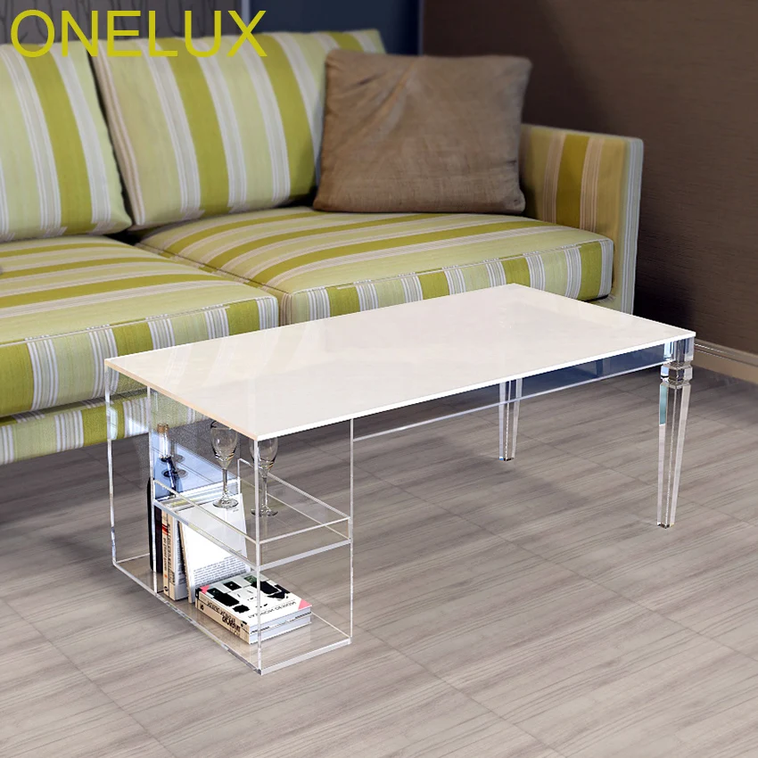 Tapered Legs Acrylic Coffee Table,Lucite Magazine Tables With Side Storage Trays-100W50D40H CM