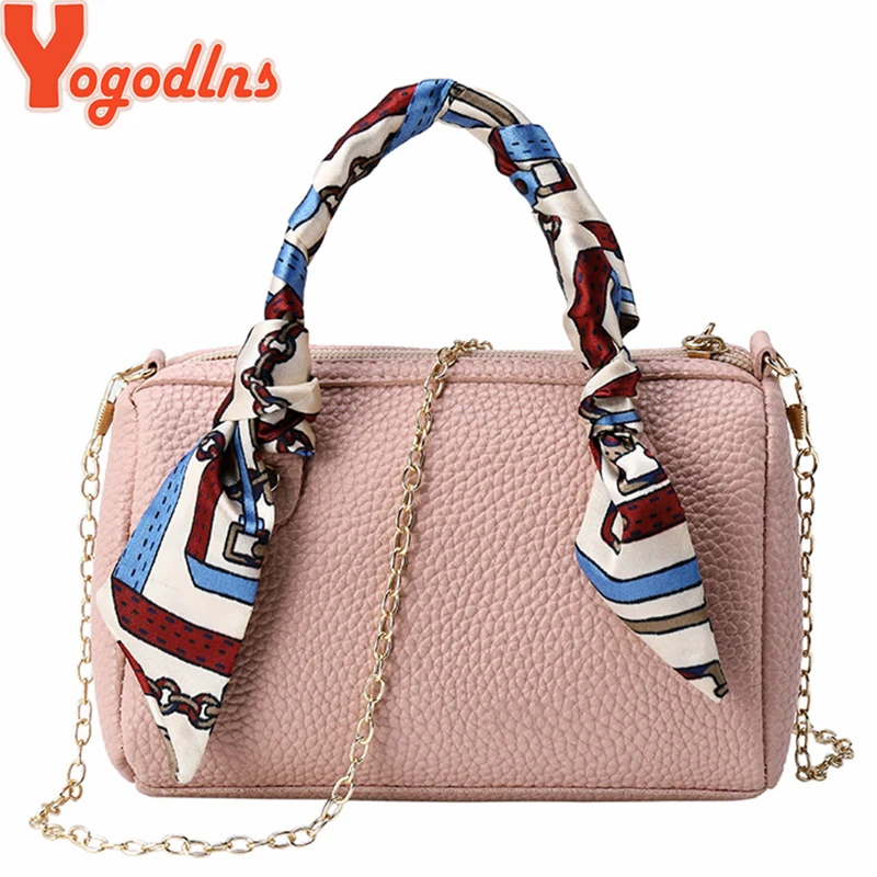 

Yogodlns 2019 New Women Bag Boston Style Fashion Crossbody Chain with Ribbons and Scarves HandBag Mini PU Leather Shoulder Bag