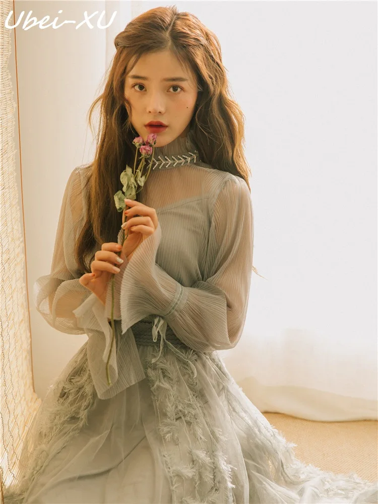 

Ubei new women spring suit mesh three-piece sets French solid vintage dress resort fairy summer long dress