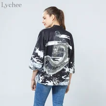 Lychee Vintage Summer Women Cardigan Dragon Waves Printed Chiffon Sun Protection Kimono Shirt Outerwear