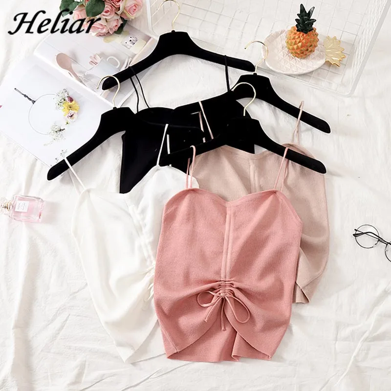 

HELIAR Female Camisole Striped Crop Top Drawstring Camisole Femme Camis With Tassel Women 2019 Summer Spaghetti Tank Tops Korean