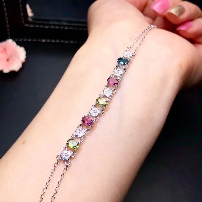 candy colorful natural tourmaline bracelet for women silver jewelry