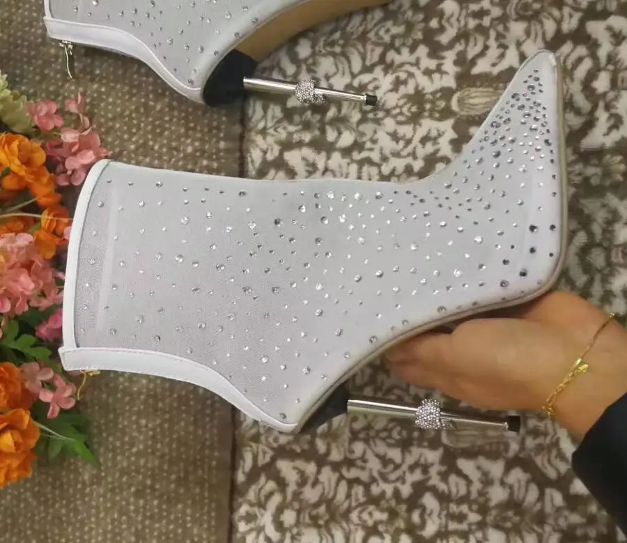 

Dipsloot 2019 New Style Women Bling Rhinestone Metal Thin High Heels Dress T-stage Shoes Woman Sexy Mesh Pointed Toe Ankle Boots