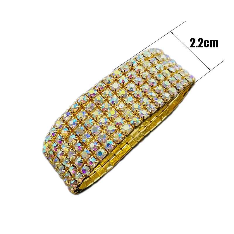 6-Row Gold-color AB Crystal Stretch Bangles Bracelet for Women Luxury Colorful Iridescent AB Stone Wedding Bracelet Bride Bangle