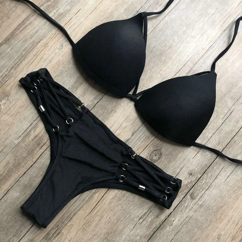 Black String Bikini Set Women Sexy Thong 2 Piece Swimsuit Solid Padded Bra Bathing Suit Women Halter Swimwear Push Up Biquini