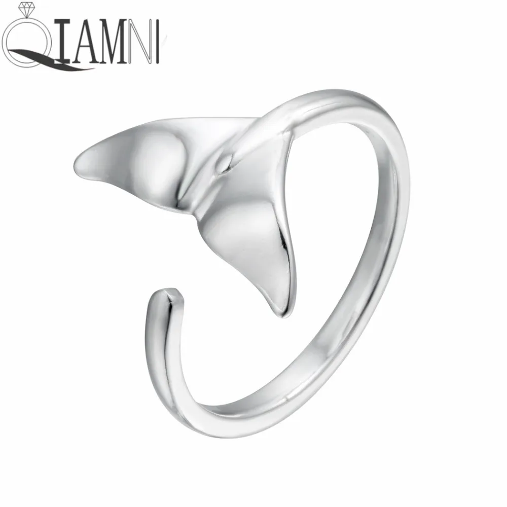 

QIAMNI 925 Sterling Silver Lovely Whale Fish Tail Animal Open Finger Ring Birthday Gift Christmas Party Jewelry Women Girls