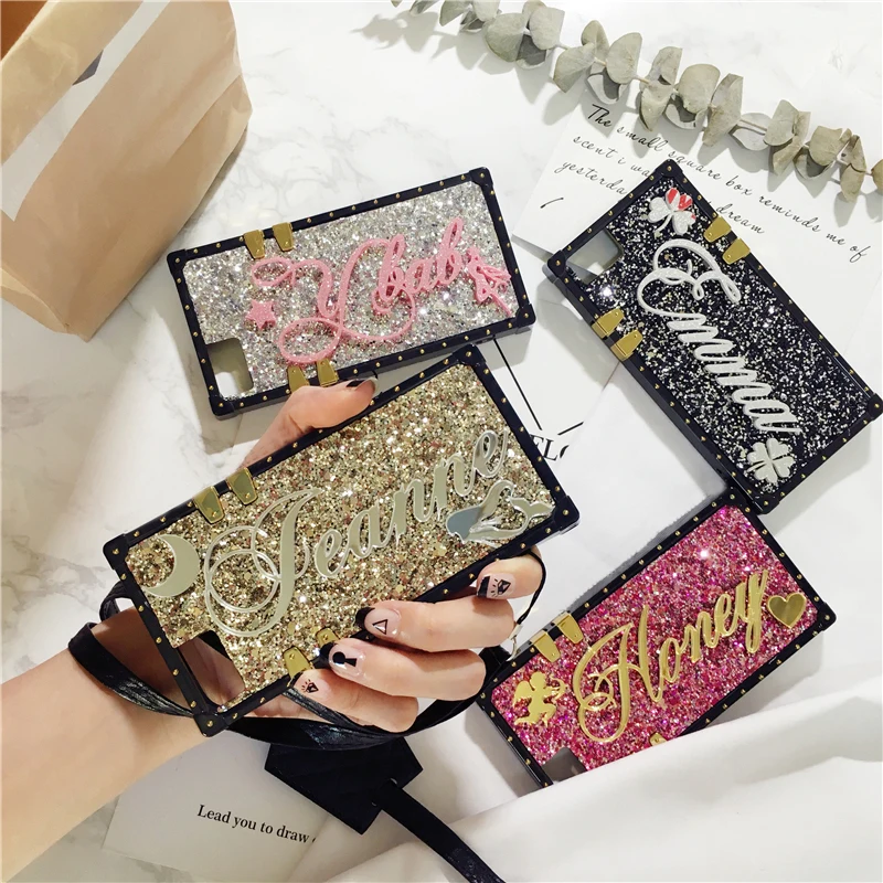 

For Samsung galaxy s8 s9 s10 plus Note 9 Luxury Exclusive Personalize Customize Name bling square glitter soft phone case cover