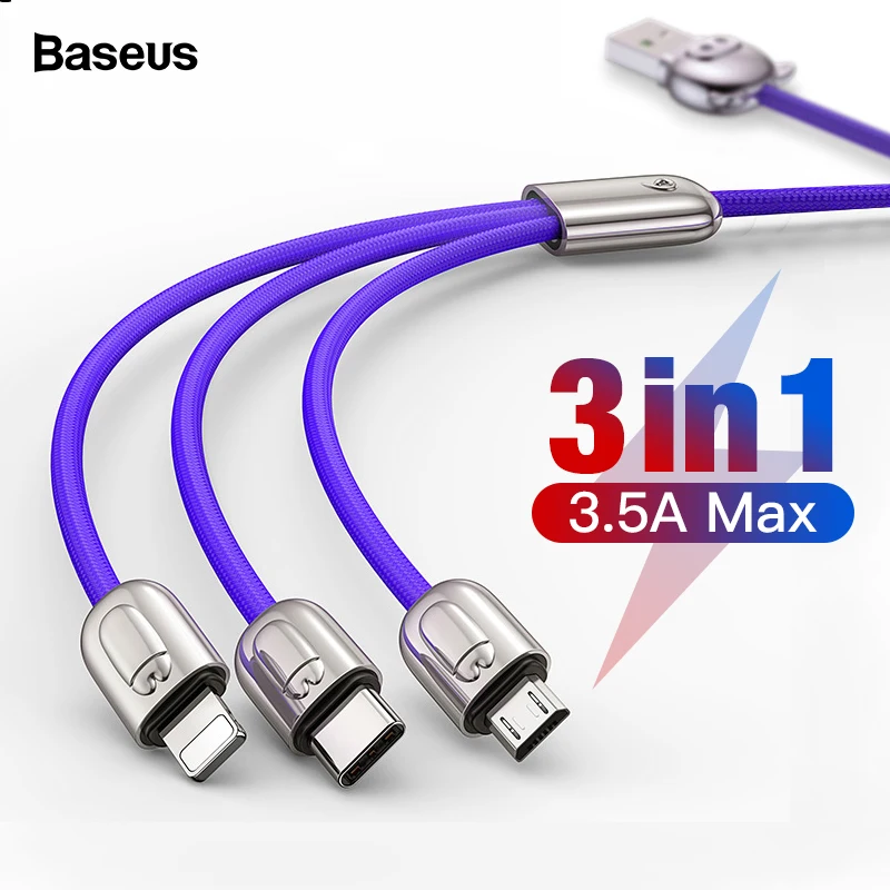 Baseus 3 في 1 كابل يو اس بي ل فون Xs ماكس X Xr 8 المصغّر usb كابل للهاتف المحمول شحن سريع شاحن USB نوع C نوع-c كابل