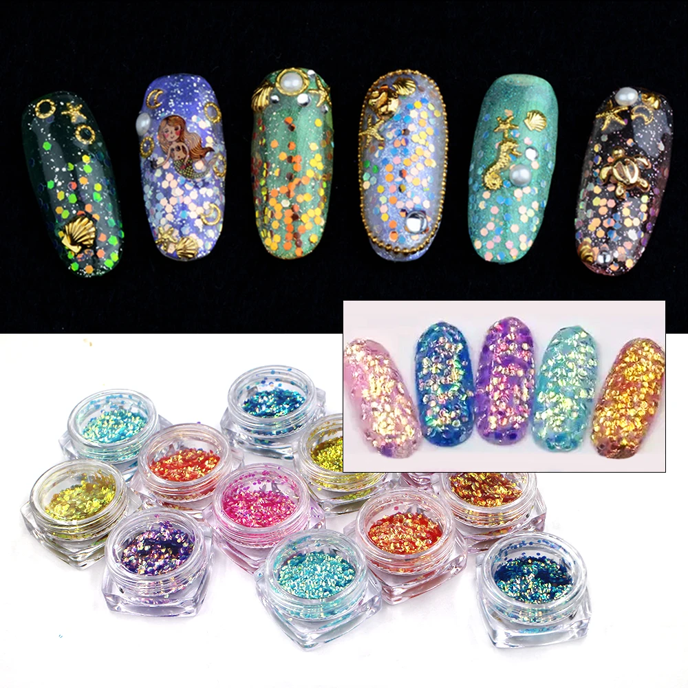 

Hot Sale 1 Set 12 Colorful Fish Scale Flakes Iridescent Colors Shifting Flakes Nail Glitter Sequins Nail Art Decoration Manicure