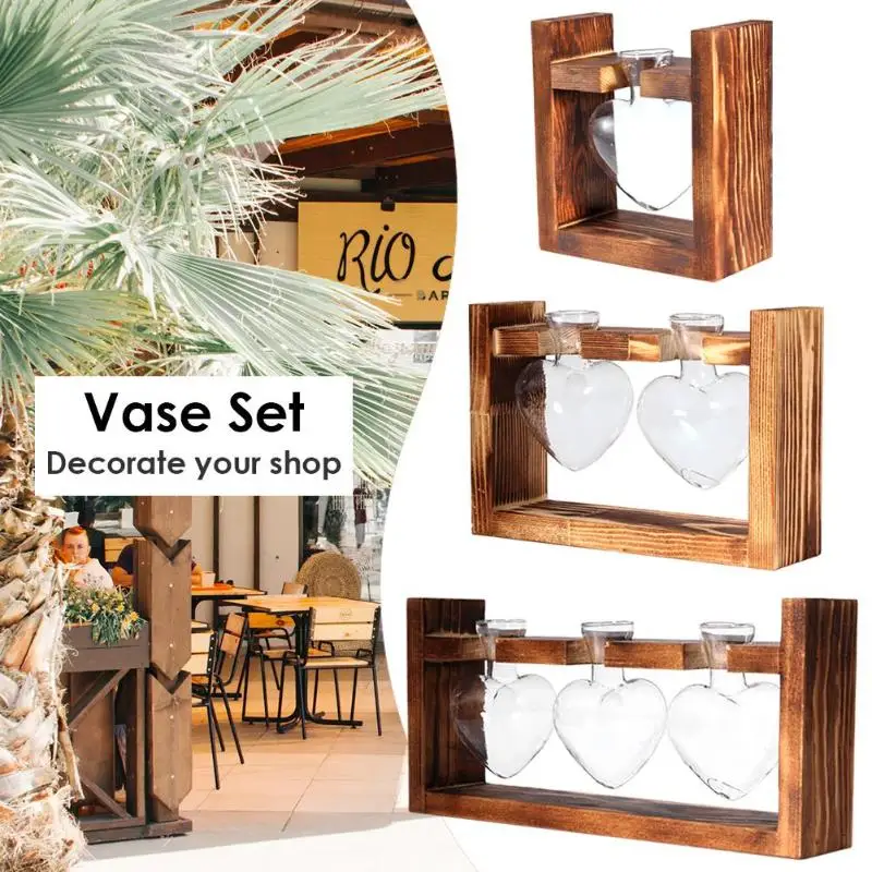 Wooden Frame Glass Hydroponic Plant Vase Flower Pot Office Home Decorations|Вазы| |