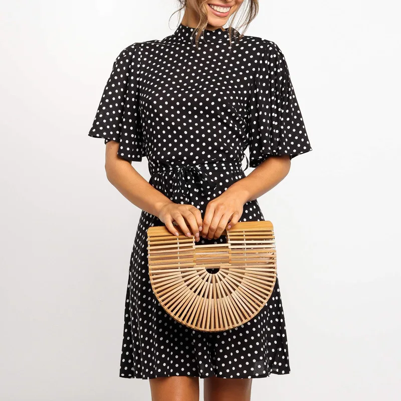 

Polka Dot Mini Dress Women 2019 Short Sleeve Elegant Ladies Office Dress Summer Vintage Chiffon Beach Dress Vestidos Robe Femme