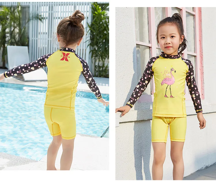 Купальник с фламинго для девочек от 3 до 9 лет, детский купальный костюм, летний пляжный купальник, детский купальный костюм с длинными рукавами для девочек, 349