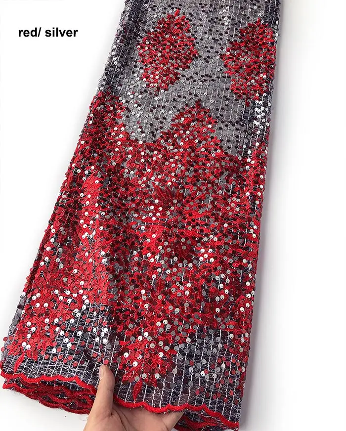 Red Silver Красные серебряные ослепительные богатые кружева супер блестящие африканские французские кружева нигерийские одежды ткани с полностью в блестках 5 ярдов мягкие - Цвет: Red Silver