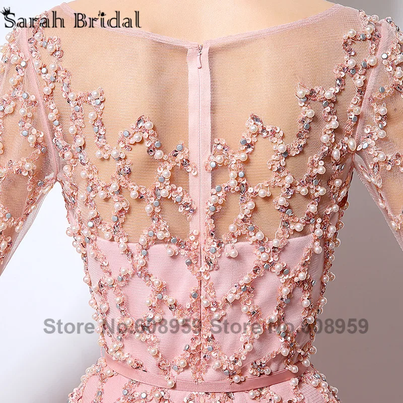 Сексуальные платья для выпускного вечера с длинным рукавом Дубай Rode De Soiree розовый прозрачный пояс с жемчугом блестками Формальное шифоновое вечернее платье LSX051