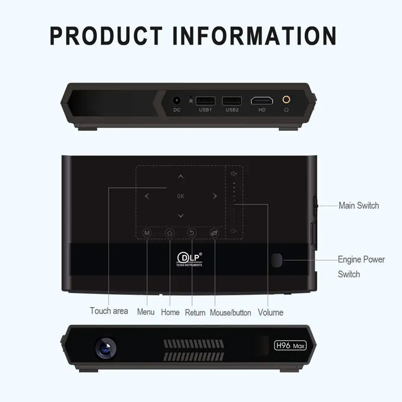 H96 Max Led портативный домашний кинотеатр Hd мини смарт-пресс клавиши Dlp проектор Amlogic S912 8 ядерный процессор Android 6,0 2 ГБ+ 16 ГБ с Blu