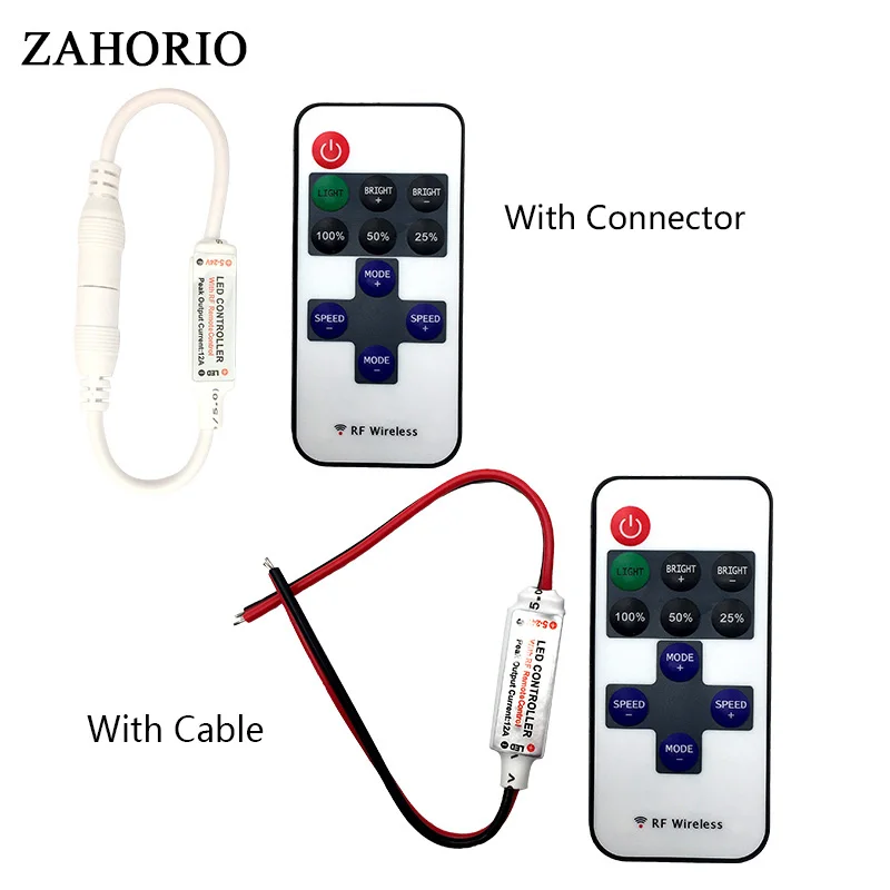 

LED Single Color Strip Controller DC12-24V DC/ Wire Connector + 11key RF Wireless Remote Controller For LED Strip Dimming