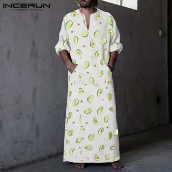 

INCERUN Mens Avocado Print Robes Long Sleeve Pockets Caftan V Neck Saudi Arabia Dubai Men Thobe Plus Size Muslim Islamic Kaftan
