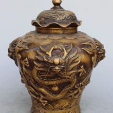 1" Клеймо Китайский Чистая Бронзовый 8 благоприятный символ Дракон Лев Ваза Горшок Статуя