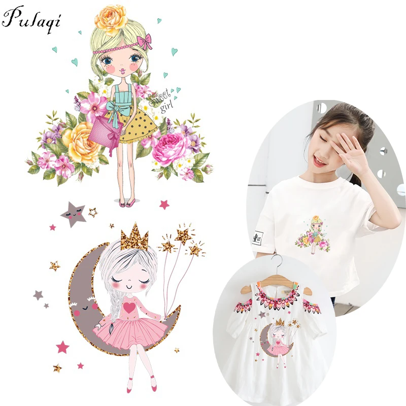 

Pulaqi Fashion Cartoon Cute Girl Iron-on Transfers Embroidered Patches For Clothes DIY Heat Transfer For Women T-shirt Decor F