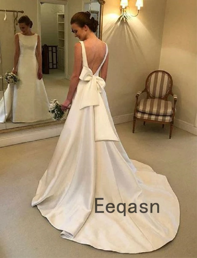 

Elegant Cheap Wedding Dress 2019 Long Court Train Backless Satin A Line Women Wedding Gowns with Bow robe de mariage