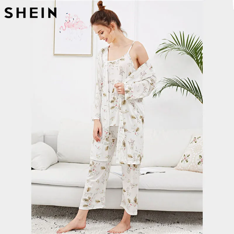 SHEIN Пижама С Цветочным Принтом, Комплект Пижамы Из 3 Предметов, Легкая Пижама И Халат