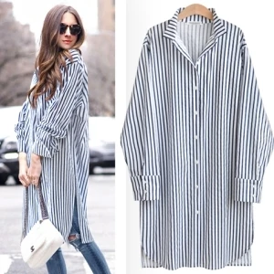 

European and large size ladies' stripes show thin long sleeve shirts teamed