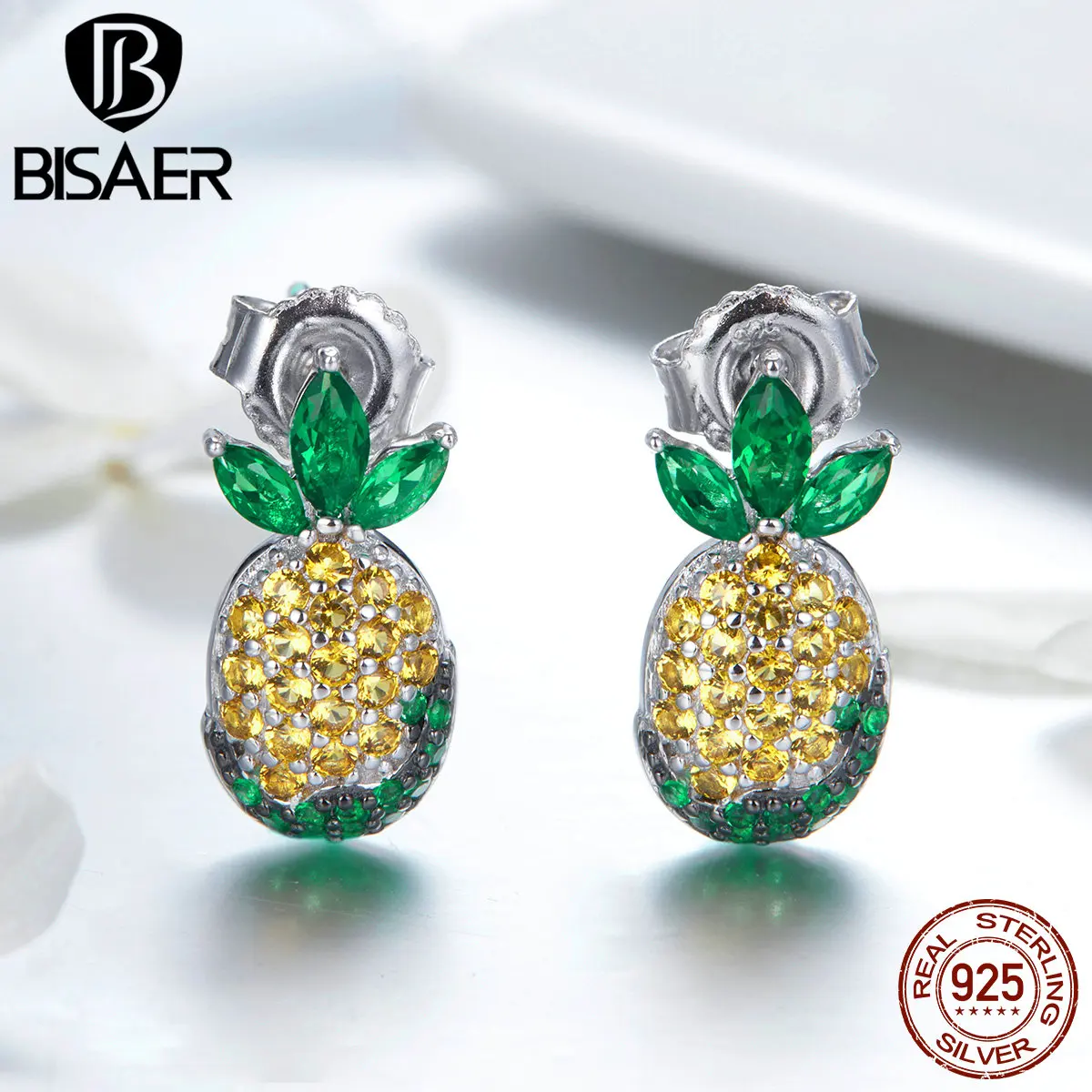 

BISAER 925 Sterling Silver Yellow AAA CZ Stone Fruit Pineapple Stud Earrings for Women Statement Jewelry Female Gifts HSE530